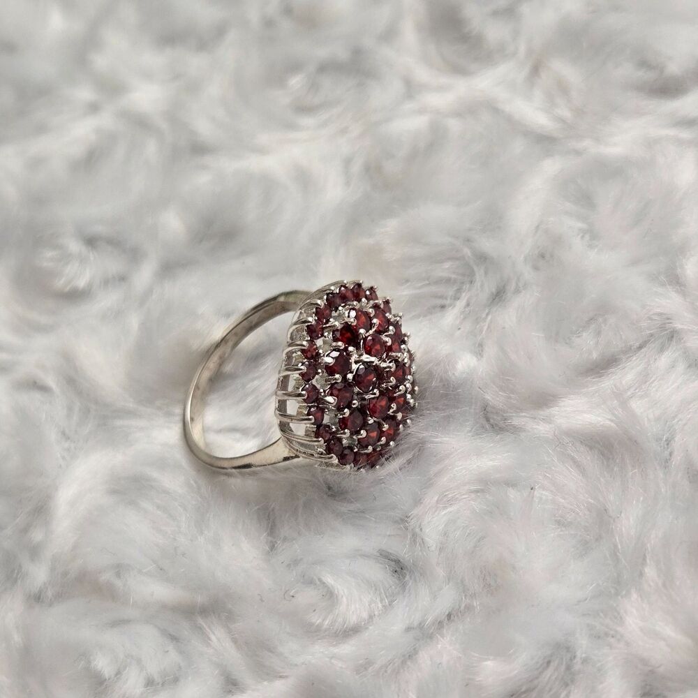 925 Sterling Silver Red Garnet Cluster Dome Cocktail Ring Size 8 Womens